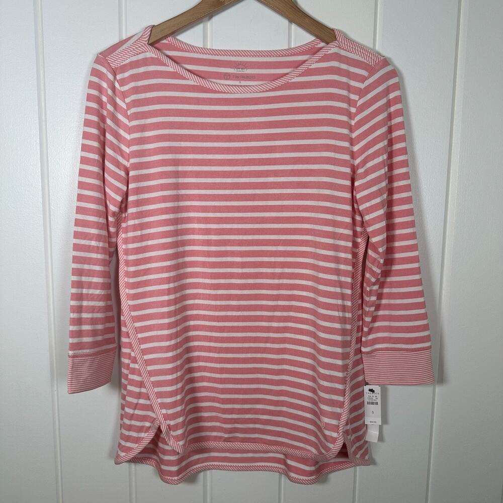 T by Talbots Top Small Pink White Stripe UPF 50+ Nautical 3/4 Sleeve NWT!
